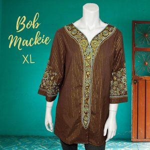 Glamorous XL Brown Tunic by BOB MACKIE: Metallic Gold Stripes and Embroidered